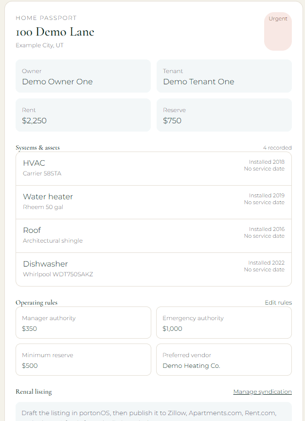 portonOS home record for 100 Demo Lane, with the owner, tenant, rent, reserve, systems, and operating rules