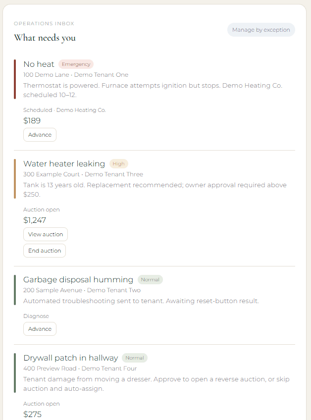 portonOS operations inbox, with a no-heat emergency, a water-heater auction, a humming disposal, and a drywall patch waiting on a decision