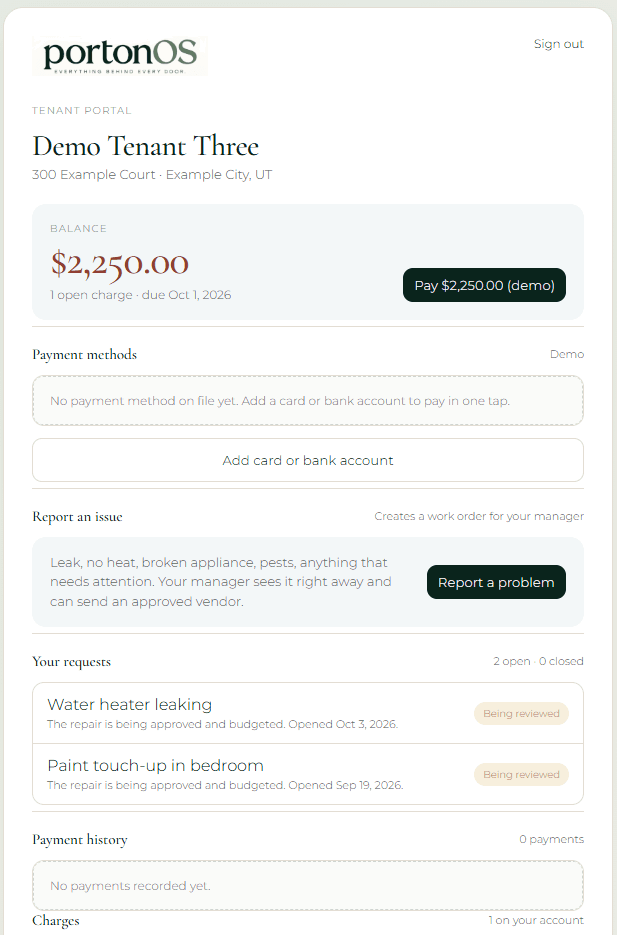 portonOS tenant portal for Demo Tenant Three, with the balance due, a way to report a problem, and open repair requests