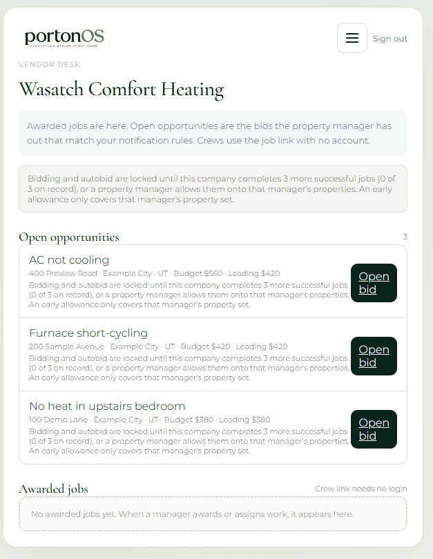 portonOS vendor desk for Wasatch Comfort Heating, with invited open opportunities and no awarded jobs yet